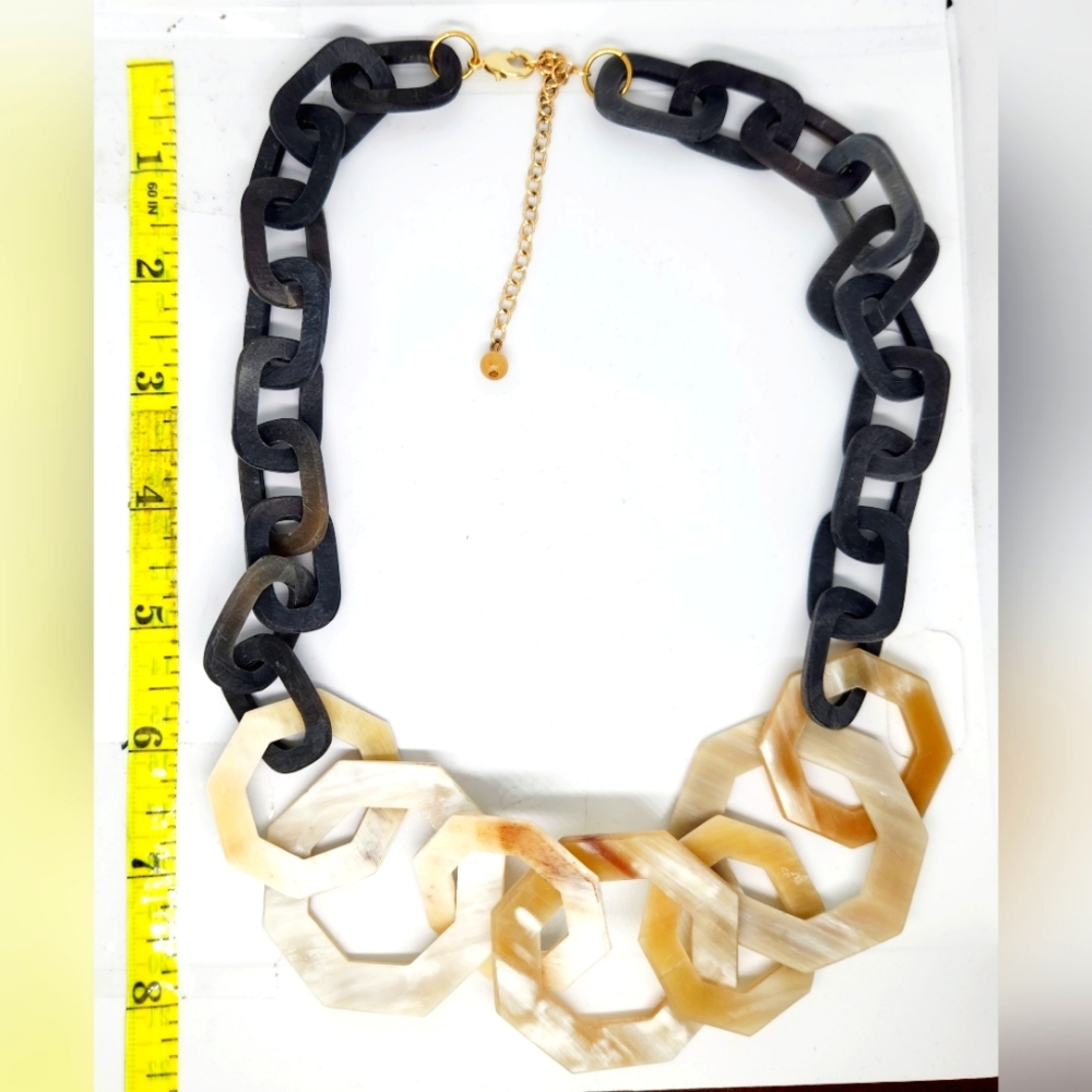Vintage Carved Buffalo Ox Horn Chunky Link Necklace Statement Ethically Made